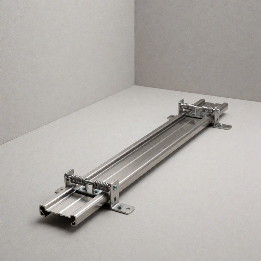 Piste de store en acier inoxydable avec ressort de tension et colliers de fixation sur fond blanc pour installation de stores.