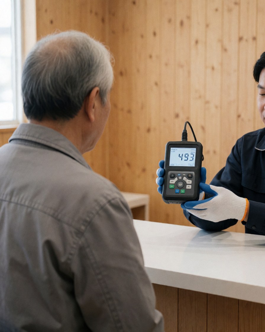 Un technicien en gants tient un appareil de mesure et montre une lecture à un client âgé assis à une table blanche dans un atelier aux murs en bois.