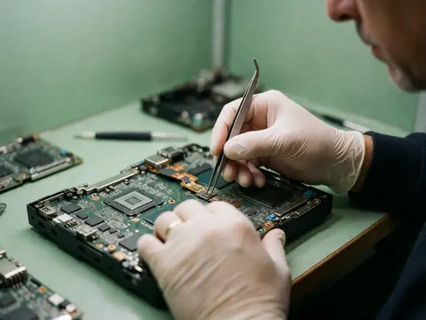 Un technicien en gants utilise des pinces pour travailler sur un câble flexible d'une carte mère, entouré de circuits et d'outils dans un environnement de réparation.