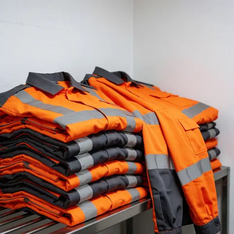 Des uniformes de travail orange et gris avec bandes réfléchissantes sont pliés et empilés sur une étagère métallique dans un environnement industriel.