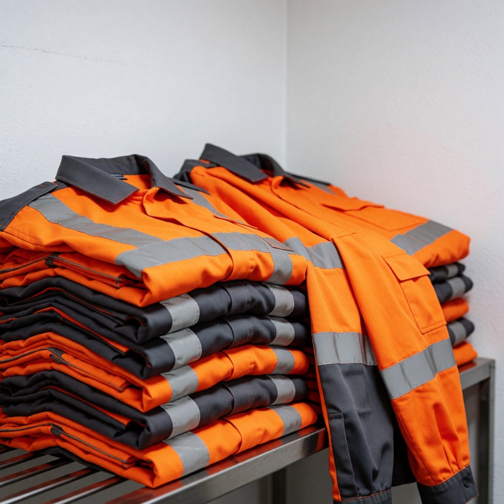 Des uniformes de travail orange et gris avec bandes réfléchissantes sont pliés et empilés sur une étagère métallique dans un environnement industriel.