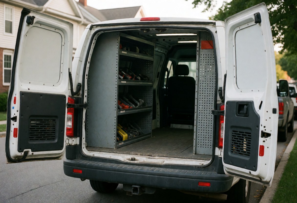 Un fourgon blanc aux portes arrière ouvertes révèle des étagères remplies d'outils et d'accessoires pour la réparation d'appareils ménagers, stationné sur une voie résidentielle.