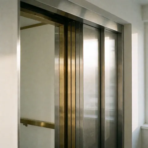 Vue rapprochée d'une porte d'ascenseur dotée de guides métalliques brillantes et de panneaux en aluminium poli, reflétant la lumière naturelle dans un environnement moderne et propre.