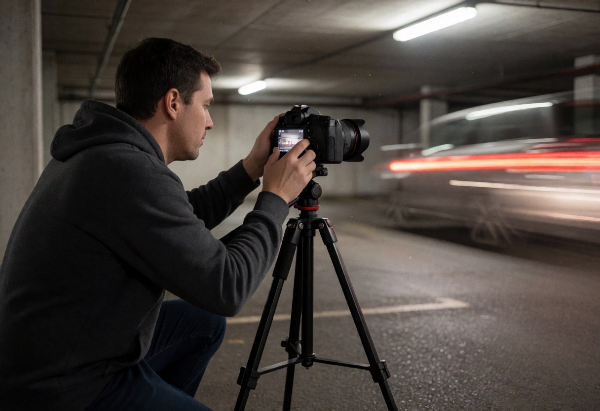 Photographe professionnel utilisant un trépied dans un garage souterrain pour capturer la lumière d'une voiture en mouvement sous un éclairage fluorescent.