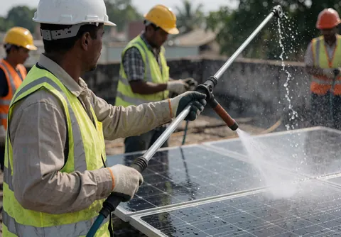 Technicien en équipement de sécurité nettoyant des panneaux solaires sur un toit avec une poulie d'eau, éclaboussures visibles, fond flou et lumière naturelle.