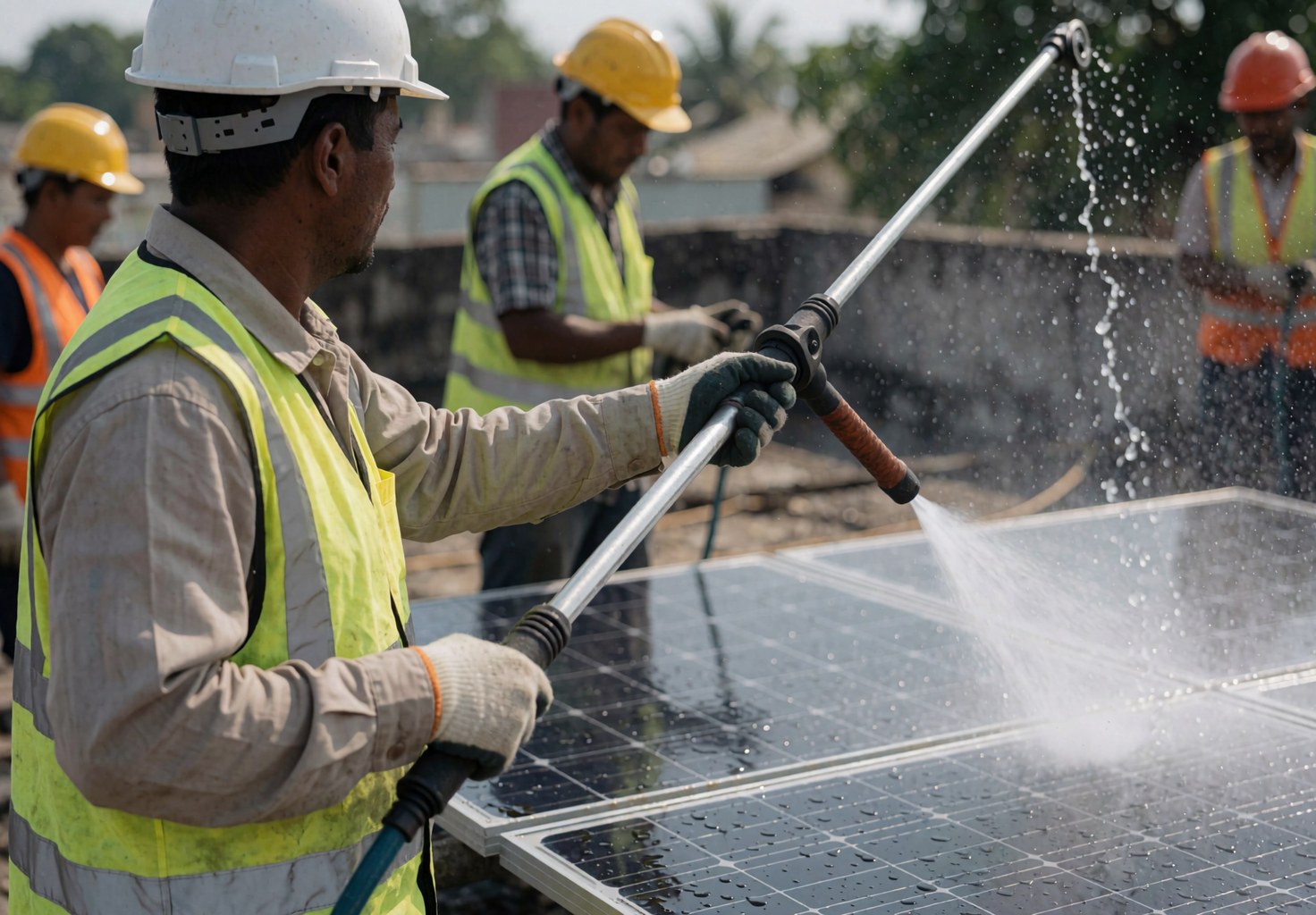 Technicien en équipement de sécurité nettoyant des panneaux solaires sur un toit avec une poulie d'eau, éclaboussures visibles, fond flou et lumière naturelle.