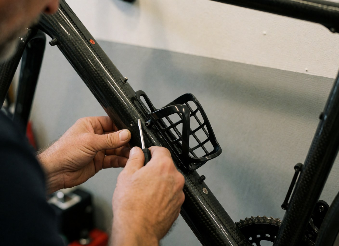 Un mécanicien ajuste un porte-bouteille noir sur un cadre de vélo en carbone à l'aide d'un tournevis dans un atelier aux murs gris.