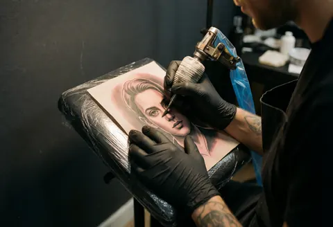 Un tatoueur professionnel avec des gants noirs et un masque applique de l'encre avec une machine sur un portrait en gris. La scène montre le processus de tatouage en détail, avec une lumière chaude et un fond sombre.