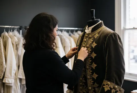 Une tailleuse ajuste une veste brodée d'or sur un mannequin dans un atelier, avec des cintres en arrière-plan et une lumière naturelle.