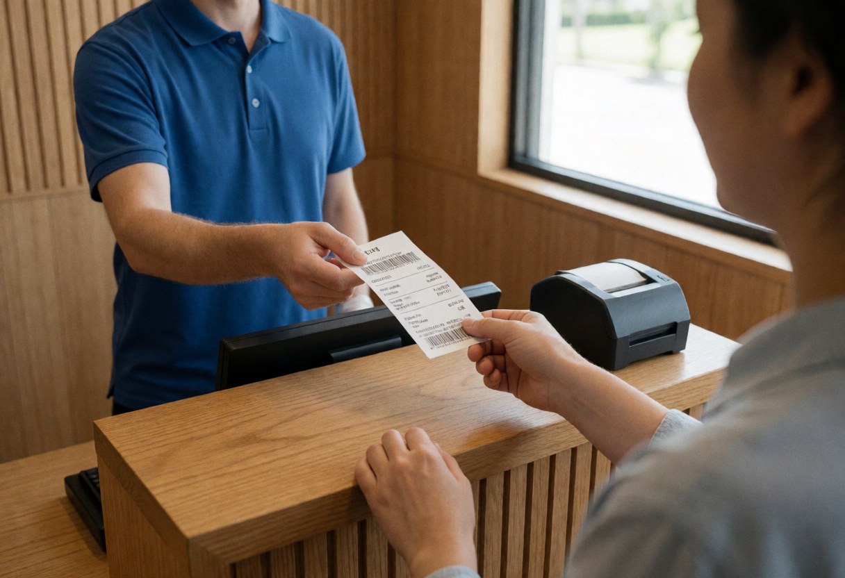 Un employé de parc aquatique remet un ticket imprimé à un client au niveau d'un comptoir en bois équipé d'une imprimante et d'un écran digital.