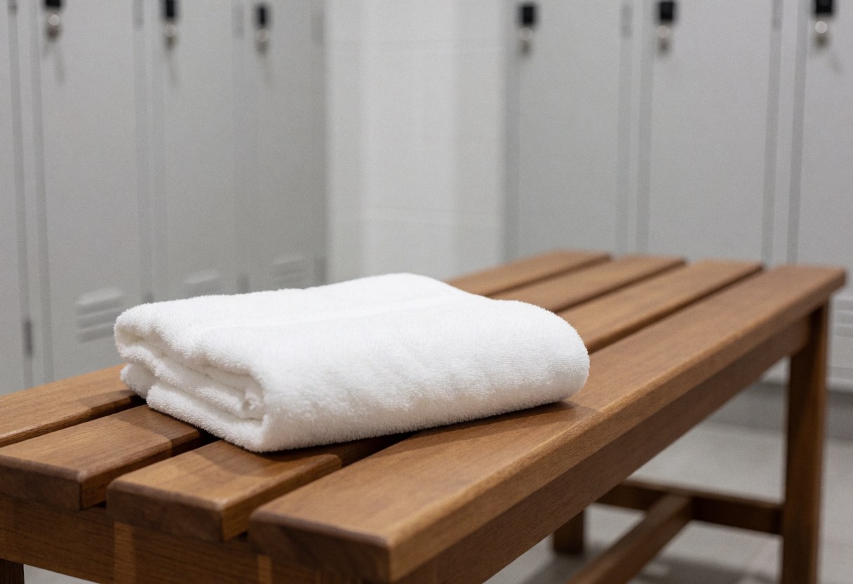Une serviette blanche soigneusement pliée repose sur un banc en bois clair dans un vestiaire aux casiers blancs flous, baigné d'une lumière vive et d'une ambiance propre.
