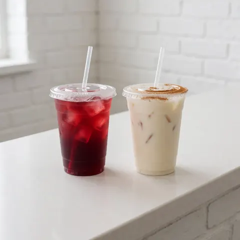 Deux boissons rafraîchissantes dans des gobelets en plastique avec couvercles et pailles, l'une rouge avec des glaçons et l'autre blanche à la cannelle, posées sur un plan de travail blanc devant un mur de briques
