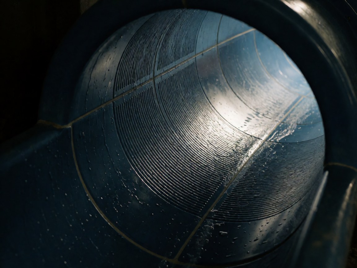 Vue intérieure d'un tube de toboggan aquatique en plastique bleu foncé, montrant la texture antidérapante, l'eau courante et les reflets sous un éclairage artificiel.