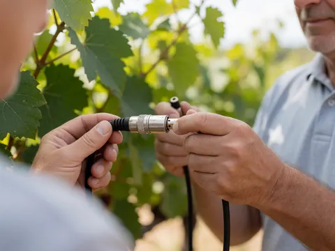 Câble XLR connecté dans un vignoble, mains d'adultes travaillant, fond de feuilles vertes et lumière solaire, image professionnelle pour événements sonores en extérieur.
