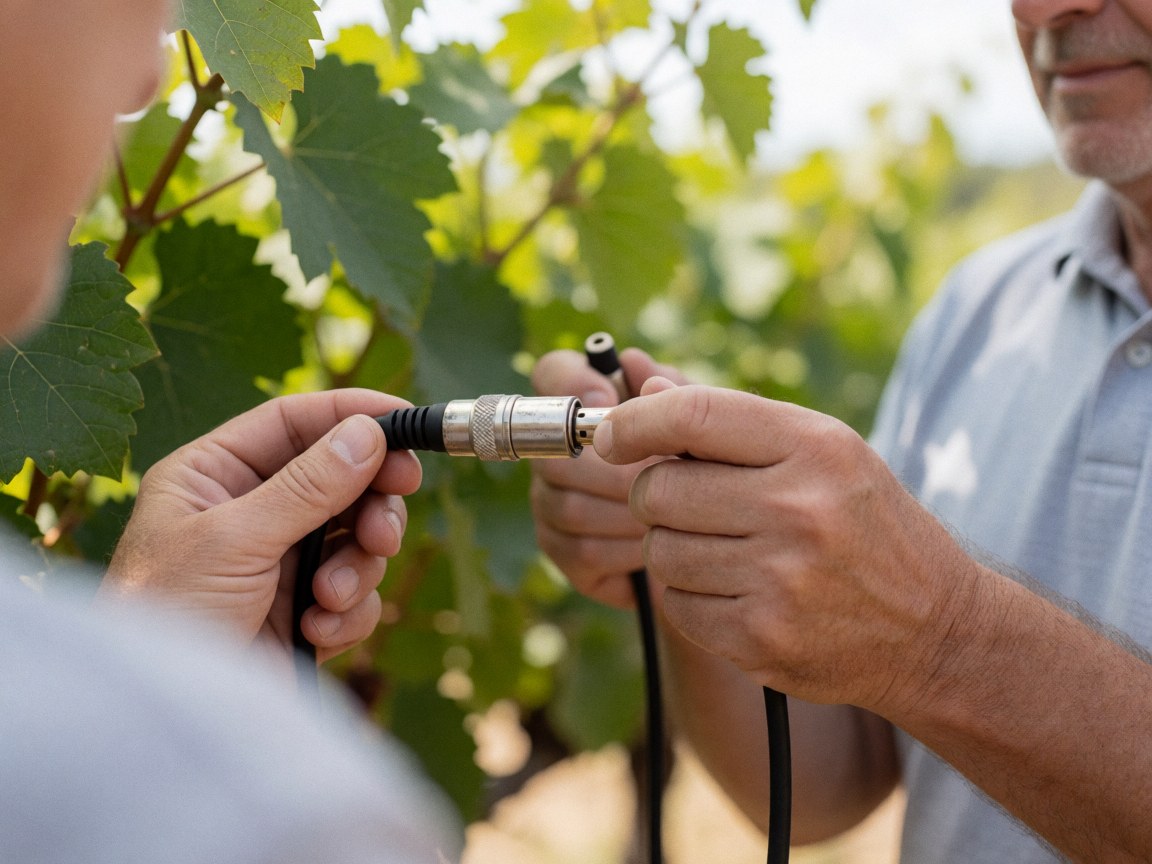 Câble XLR connecté dans un vignoble, mains d'adultes travaillant, fond de feuilles vertes et lumière solaire, image professionnelle pour événements sonores en extérieur.