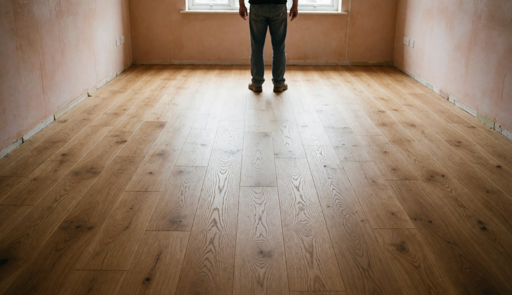 Un professionnel observe la pose d'un plancher en bois neuf dans une pièce vide aux murs enduits, baignée de lumière naturelle.