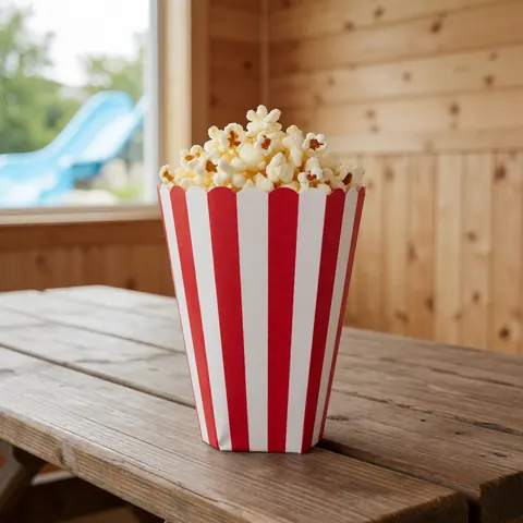 Sac de pop-corn rouge et blanc posé sur une table en bois avec murs en bois et piscine en arrière-plan