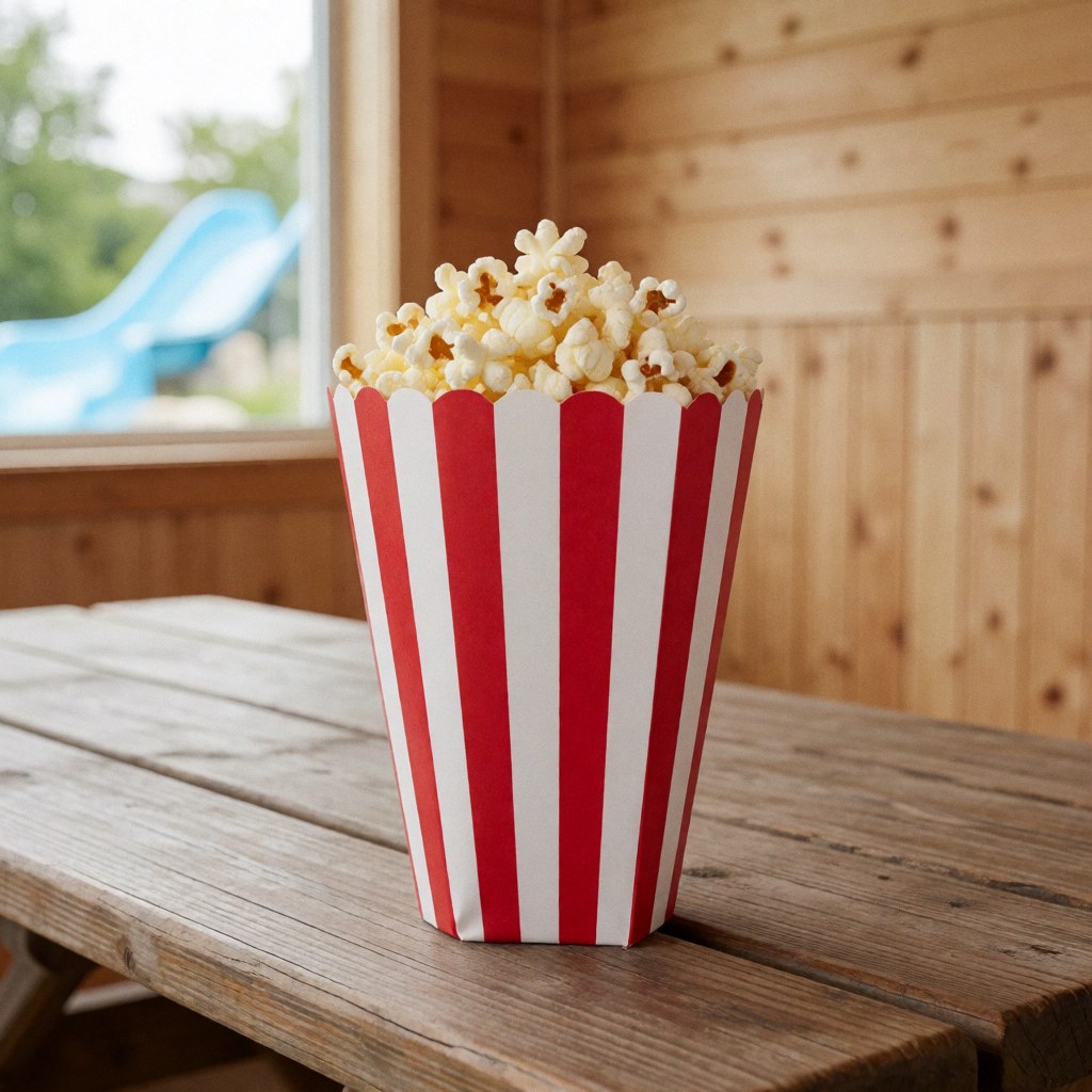 Sac de pop-corn rouge et blanc posé sur une table en bois avec murs en bois et piscine en arrière-plan