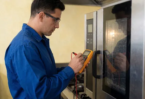 Un technicien en uniforme bleu examine un four commercial à l'aide d'un multimètre dans une cuisine aux murs jaunes, dans un contexte professionnel et réaliste.