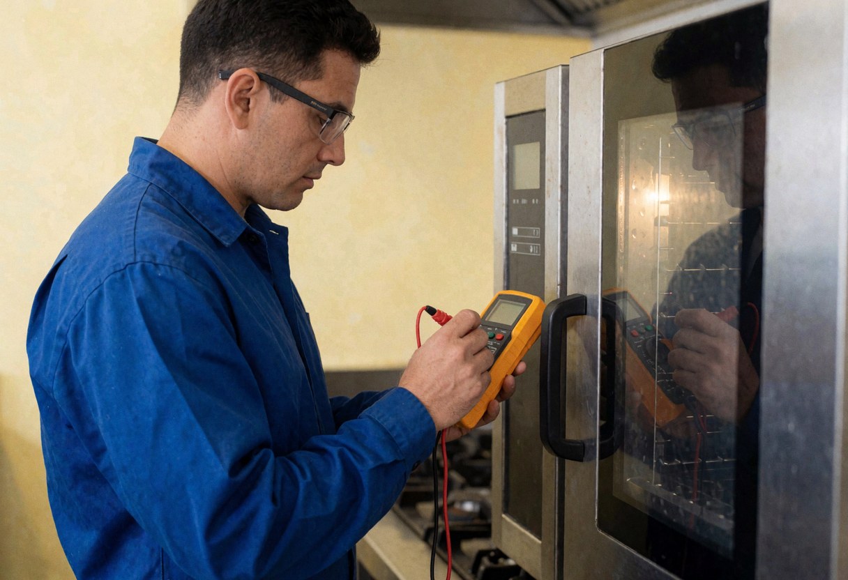 Un technicien en uniforme bleu examine un four commercial à l'aide d'un multimètre dans une cuisine aux murs jaunes, dans un contexte professionnel et réaliste.