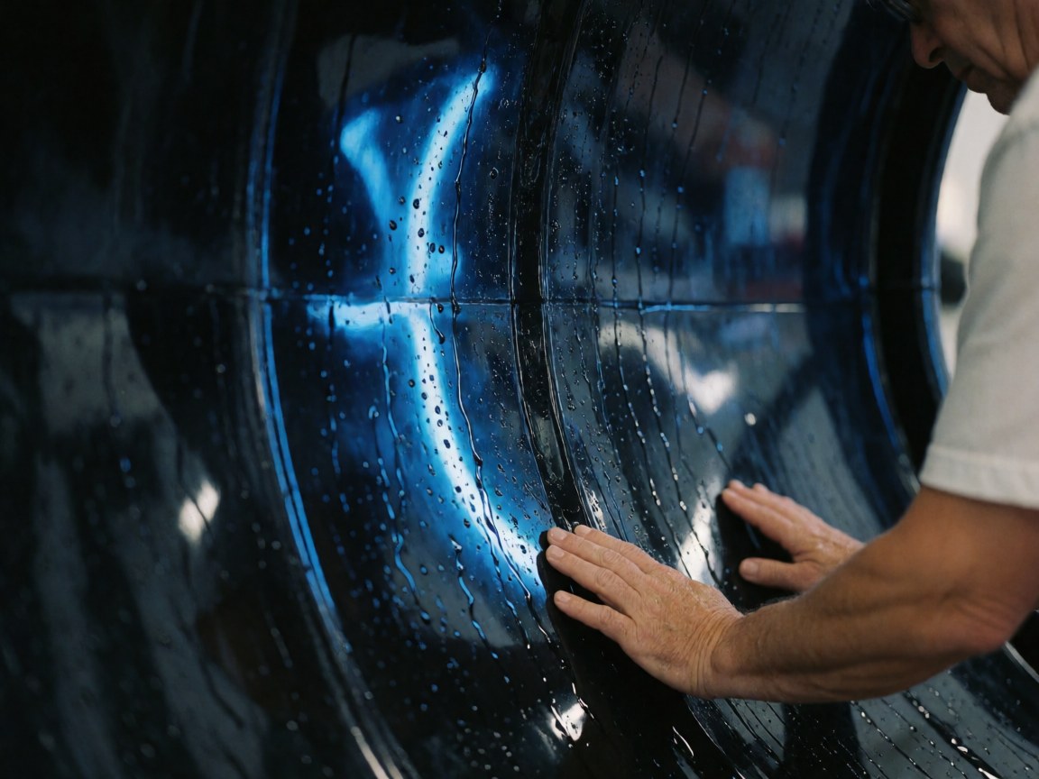 Une main adulte examine la surface texturée d'un tube en plastique bleu parsemé de gouttes d'eau, baigné d'une lumière néon bleue.