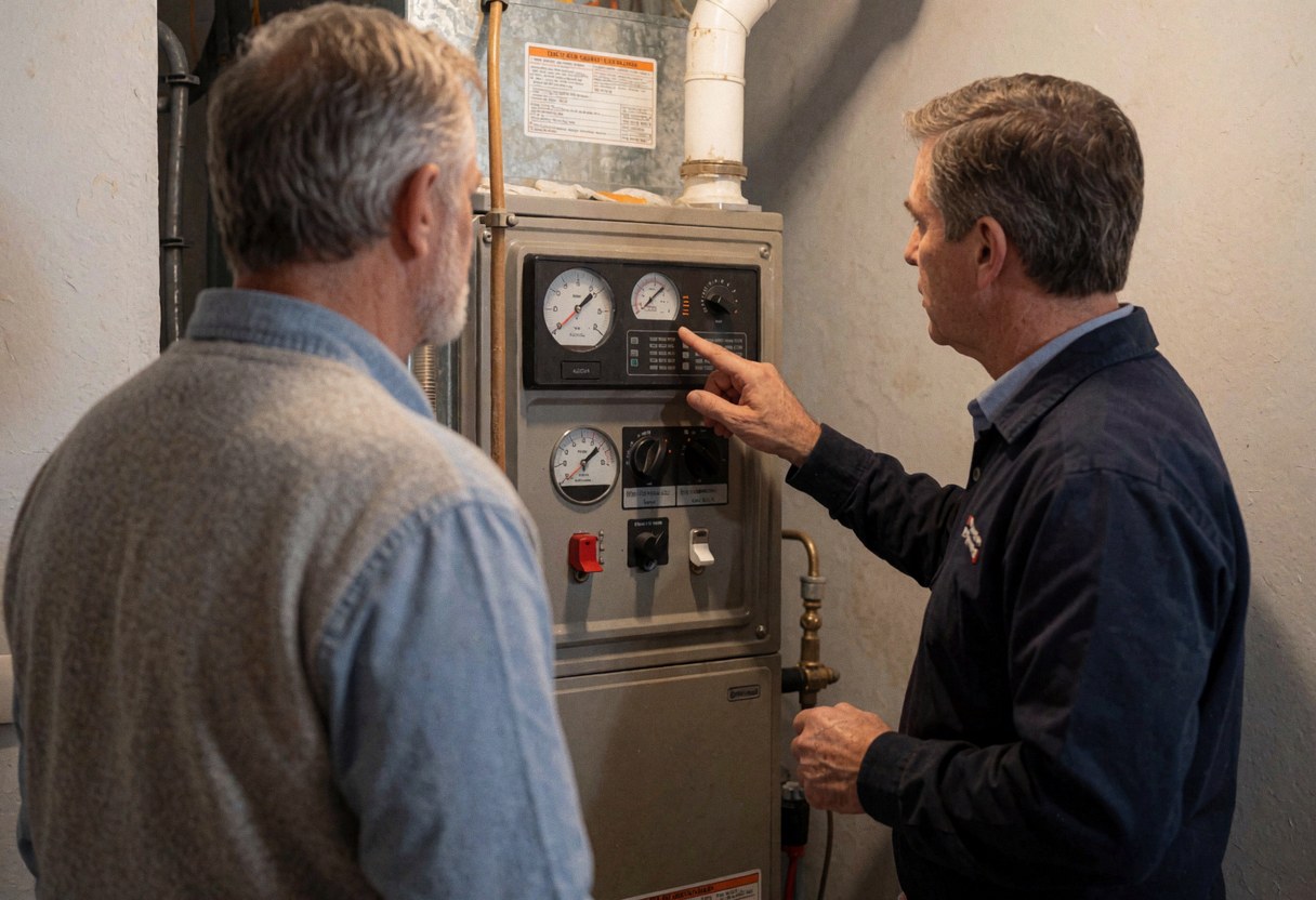 Un technicien en chauffage indique un panneau de contrôle avec des manomètres, expliquant à un client âgé qui observe attentivement dans une pièce aux murs gris.