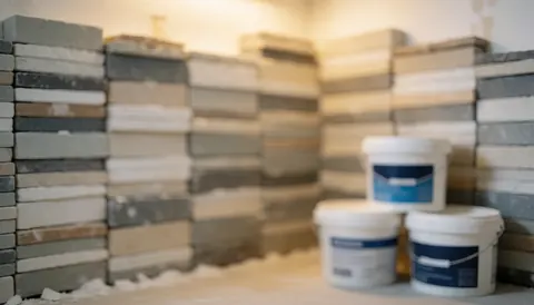 Fond de construction avec carreaux empilés en tons neutres et récipients d'adhésif, idéal pour les textes relatifs aux services d'installation de salles de bains.