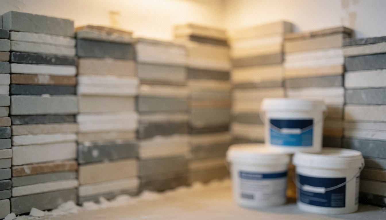 Fond de construction avec carreaux empilés en tons neutres et récipients d'adhésif, idéal pour les textes relatifs aux services d'installation de salles de bains.