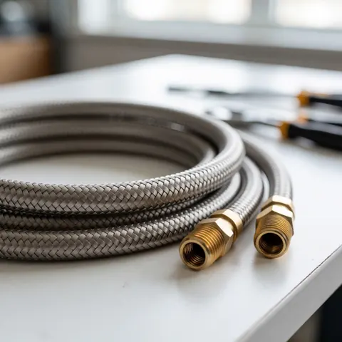 Tuyau flexible en acier inoxydable avec des connexions en bronze posé sur une table blanche, idéal pour les réparations de tuyauterie dans les maisons et les bureaux.