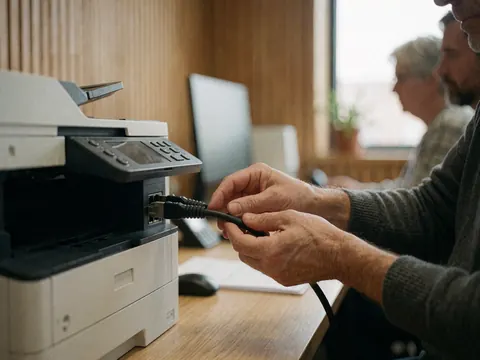 Gros plan d'une main branchant un câble réseau sur une imprimante dans un bureau avec un fond flou montrant un mur en bois et un ordinateur.
