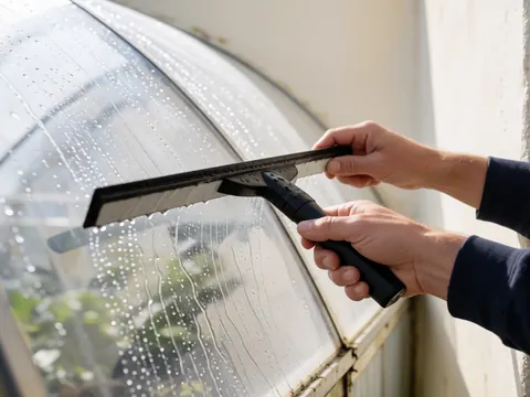 Des mains adultes utilisent une raclette noire pour nettoyer une surface courbe en plastique dans une serre, sous l'effet de la lumière naturelle et des gouttes d'eau.