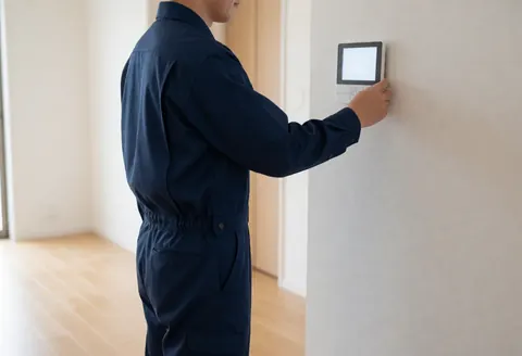 Un technicien en uniforme bleu programme un système d'alarme fixé sur un mur blanc dans un intérieur moderne avec sol en bois clair.