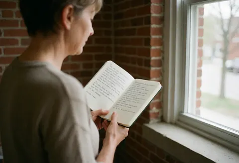 Une femme adulte lit un carnet ouvert près d'une fenêtre baignée de lumière naturelle, devant un mur de briques rouges, dans un intérieur calme et minimaliste.