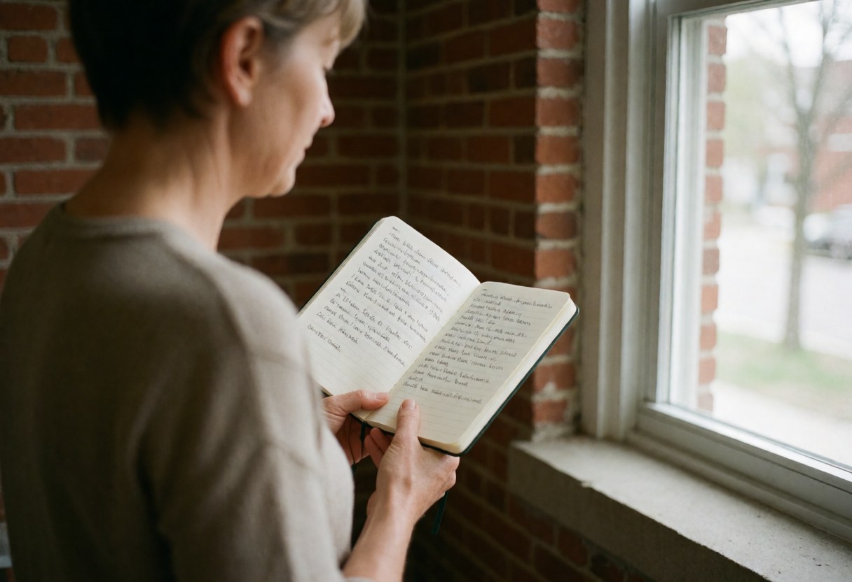 Une femme adulte lit un carnet ouvert près d'une fenêtre baignée de lumière naturelle, devant un mur de briques rouges, dans un intérieur calme et minimaliste.