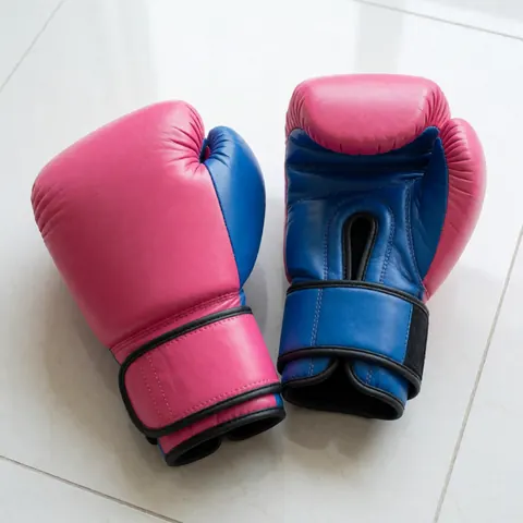 Deux gants de boxe, l'un rose et l'autre bleu, avec fermeture noire, posés sur un sol carrelé blanc. Idéal pour le boxe féminin.