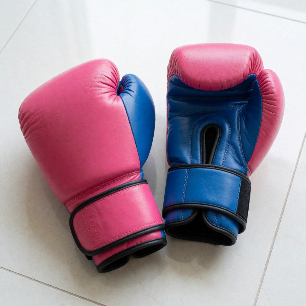 Deux gants de boxe, l'un rose et l'autre bleu, avec fermeture noire, posés sur un sol carrelé blanc. Idéal pour le boxe féminin.