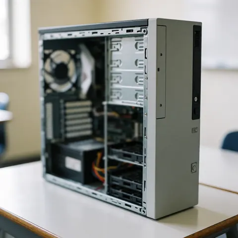 Ordinateur de bureau avec panneau latéral retiré montrant ventilateur et baies de disque sur table blanche en bureau.