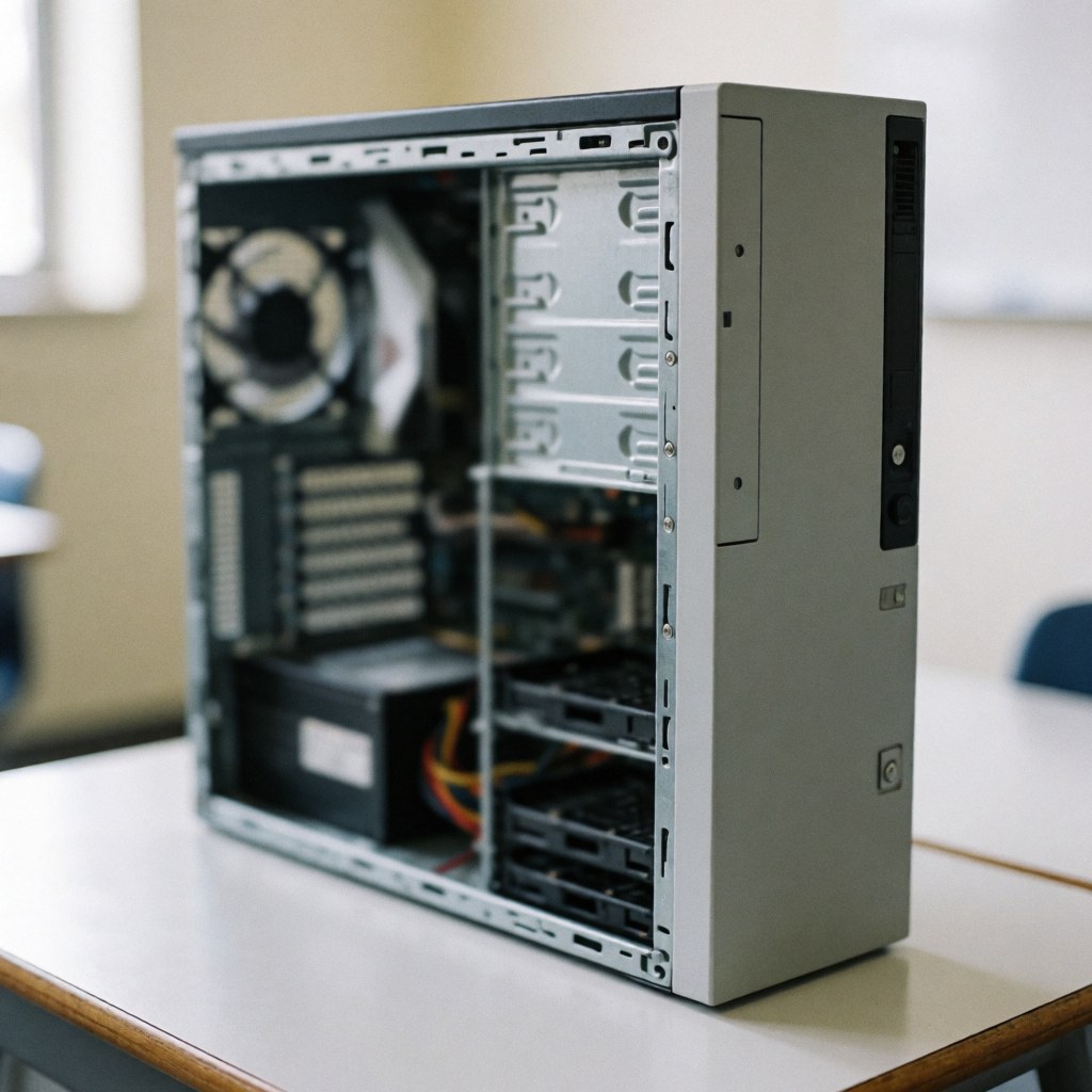 Ordinateur de bureau avec panneau latéral retiré montrant ventilateur et baies de disque sur table blanche en bureau.