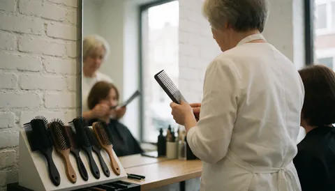 Un coiffeur utilise une brosse sur des cheveux dans un salon avec mur en briques blanches, miroir et outils de coiffure visibles.