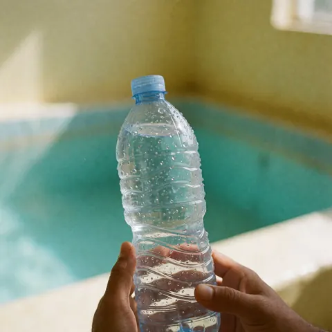 Main tenant une bouteille d'eau avec des gouttes de condensation sur fond flou de piscine turquoise et murs jaunes sous lumière naturelle.