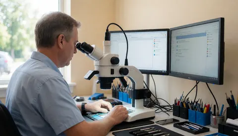 Technicien utilisant un microscope numérique pour réparer un smartphone, entouré d'écrans et d'outils organisés dans un atelier propre et lumineux.