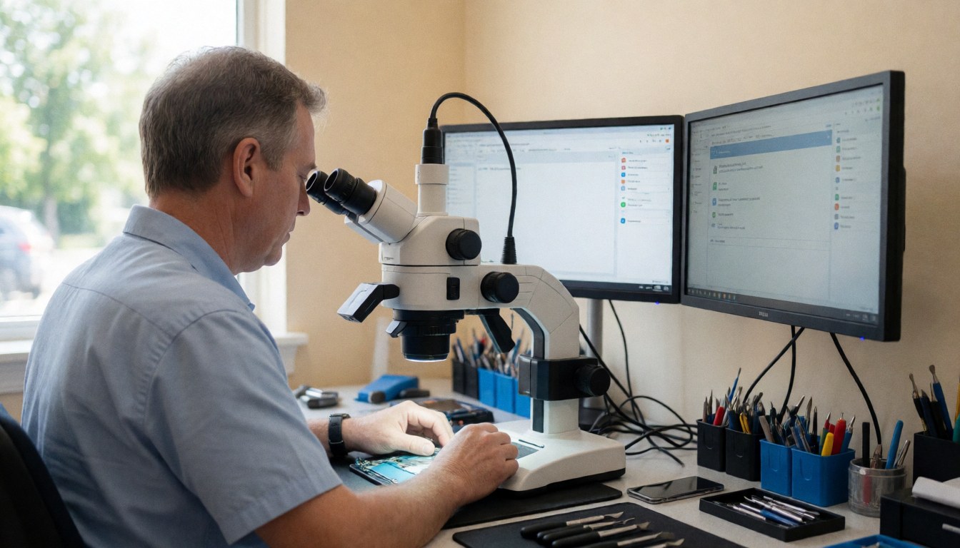 Technicien utilisant un microscope numérique pour réparer un smartphone, entouré d'écrans et d'outils organisés dans un atelier propre et lumineux.