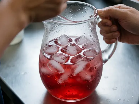 Une jarre en verre remplie de jus rouge froid avec des glaçons posée sur une table en acier inoxydable, mains préparant la boisson.