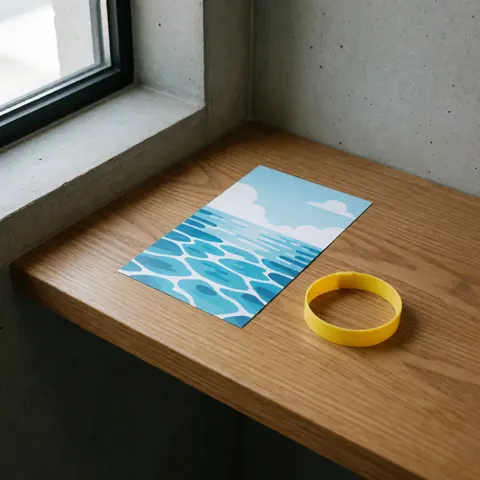 Ticket d'entrée et bracelet jaune posés sur un comptoir en bois clair près d'une fenêtre, prêts pour l'accès à un parc aquatique.