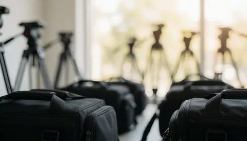 Fond professionnel pour vidéaste avec trépieds et sacs d'équipement en bokeh, lumière chaude et ambiance organisée idéale pour textes.