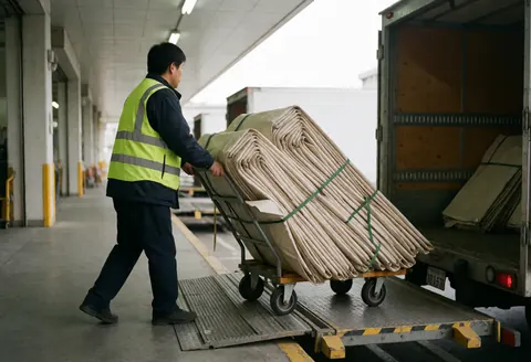 Un ouvrier en gilet réfléchissant pousse un chariot chargé de tentes pliées vers la plateforme de chargement d'un camion dans un environnement industriel.