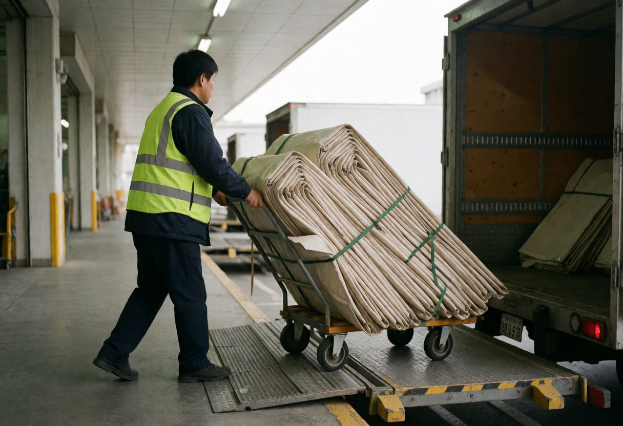 Un ouvrier en gilet réfléchissant pousse un chariot chargé de tentes pliées vers la plateforme de chargement d'un camion dans un environnement industriel.