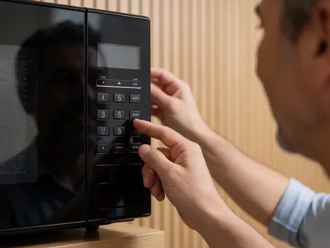 Des mains de technicien règlent les boutons et l'écran du panneau de contrôle noir d'un micro-ondes sur fond de mur en bois clair.