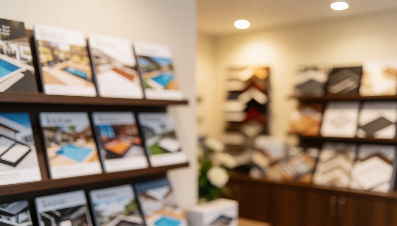 Fond de bureau avec catalogues de piscines et échantillons sur des étagères, éclairage chaleureux et fond flou pour textes.