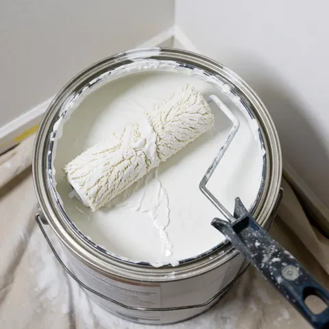 Seau contenant de la peinture blanche avec un rouleau immergé posé sur une bâche protectrice, idéal pour les travaux de plâtrage et finitions.